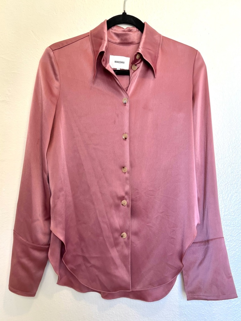Nanushka Satin Button-Down Long Sleeve Blouse Top Rose Mauve FLAWED